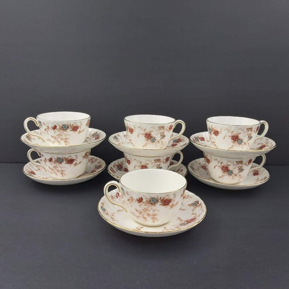 Minton England Ancestral S-376 Scalloped Tea Cup & Saucer Set Floral Gold Trim